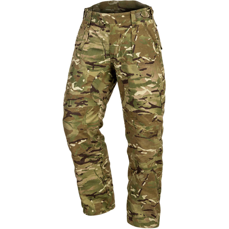A pair of tactical combat pants in a classic MultiCam camouflage pattern, featuring a mix of green, brown, tan, and black tones, shown against a plain white background.