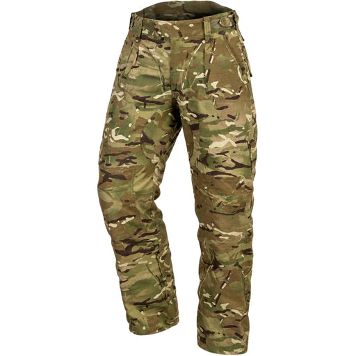 A pair of tactical combat pants in a classic MultiCam camouflage pattern, featuring a mix of green, brown, tan, and black tones, shown against a plain white background.