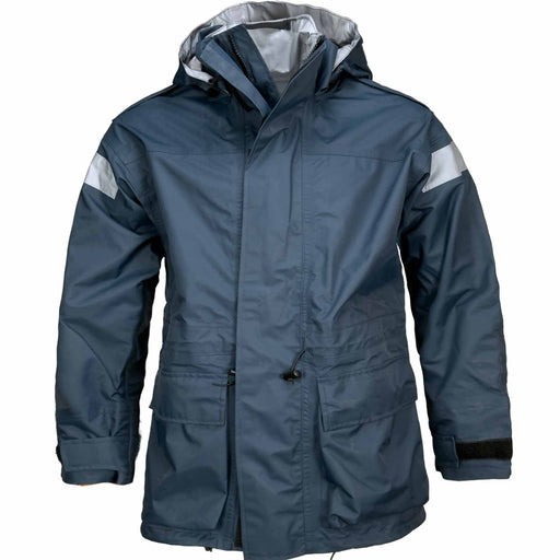 British Army RAF Blue Goretex Jacket Blue raincoat with reflective stripes on a white background