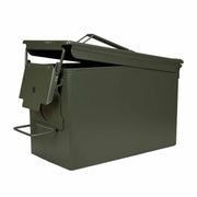 Browning M2A1 50 Cal Ammo Box | Unissued Green metal ammunition canister on a white background