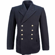 Dutch Naval Wool peacoat with gold buttons on a white background