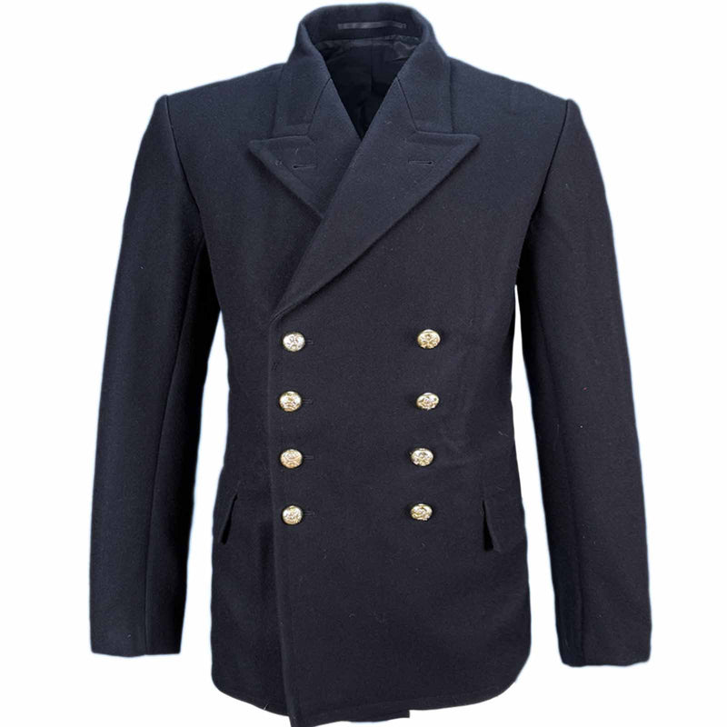 Dutch Naval Wool peacoat with gold buttons on a white background