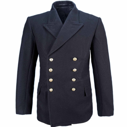 Dutch Naval Wool peacoat with gold buttons on a white background