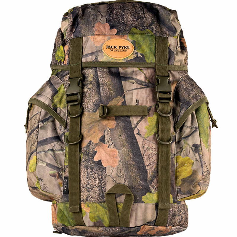 Jack Pyke 25-litre rucksack delivers professional-grade performance for tactical and outdoor applications Camouflage backpack with visible branding on a white background