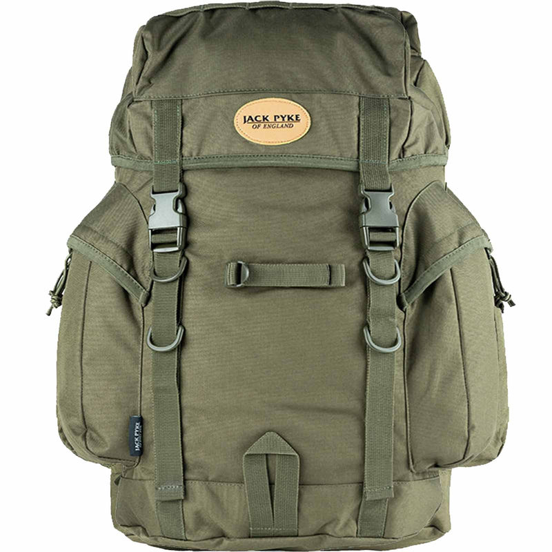 Jack Pyke 25-litre rucksack delivers professional-grade performance for tactical and outdoor applications Green backpack with visible branding on a white background