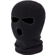A black ribbed knit balaclava mask with eye and mouth cutouts, shown on a plain white background.