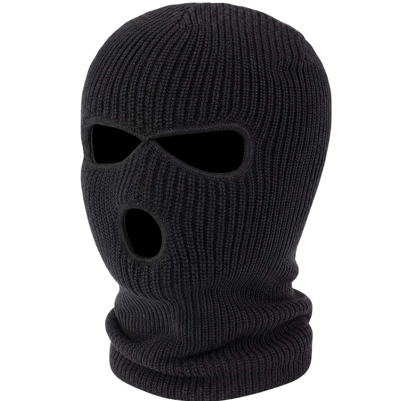 A black ribbed knit balaclava mask with eye and mouth cutouts, shown on a plain white background.