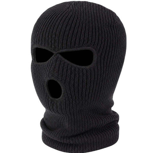 A black ribbed knit balaclava mask with eye and mouth cutouts, shown on a plain white background.