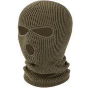 An olive green ribbed knit balaclava mask with eye and nose cutouts, shown on a plain white background.