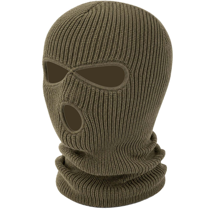 An olive green ribbed knit balaclava mask with eye and nose cutouts, shown on a plain white background.