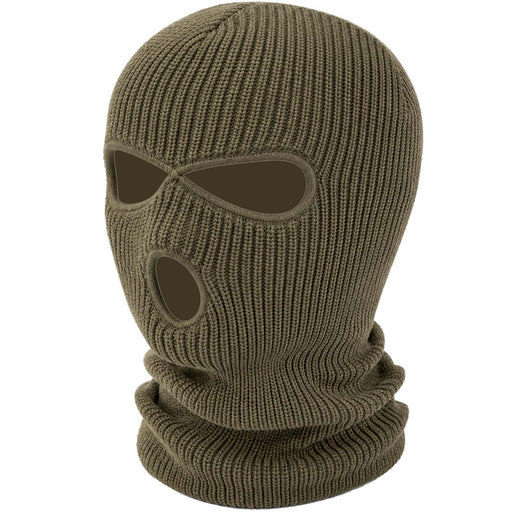 An olive green ribbed knit balaclava mask with eye and nose cutouts, shown on a plain white background.