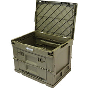 An olive green plastic storage crate with its lid open, showing a diamond-patterned interior. The brand name 'KONHAY' is printed in white on the front panel.
