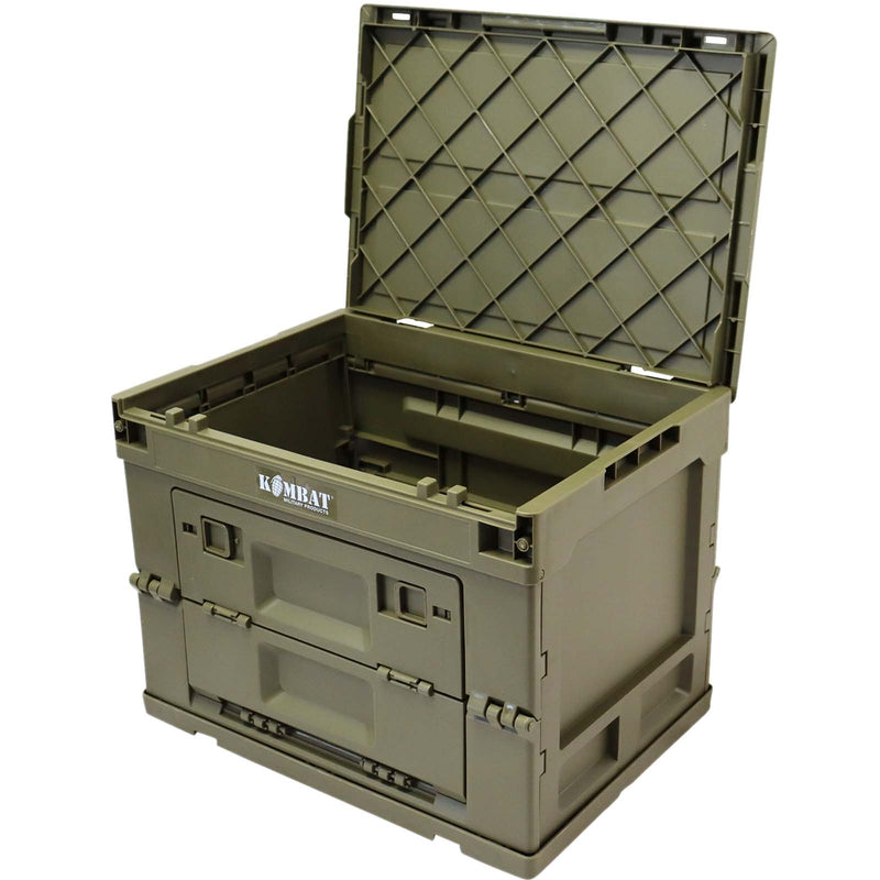 An olive green plastic storage crate with its lid open, showing a diamond-patterned interior. The brand name 'KONHAY' is printed in white on the front panel.