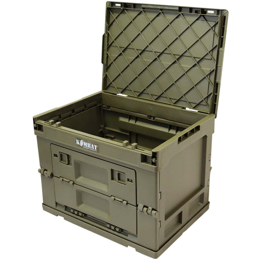 An olive green plastic storage crate with its lid open, showing a diamond-patterned interior. The brand name 'KONHAY' is printed in white on the front panel.