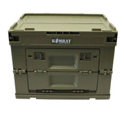 An olive green Kombat Military Products folding storage crate with a hinged lid and front handle compartments, shown on a plain white background.