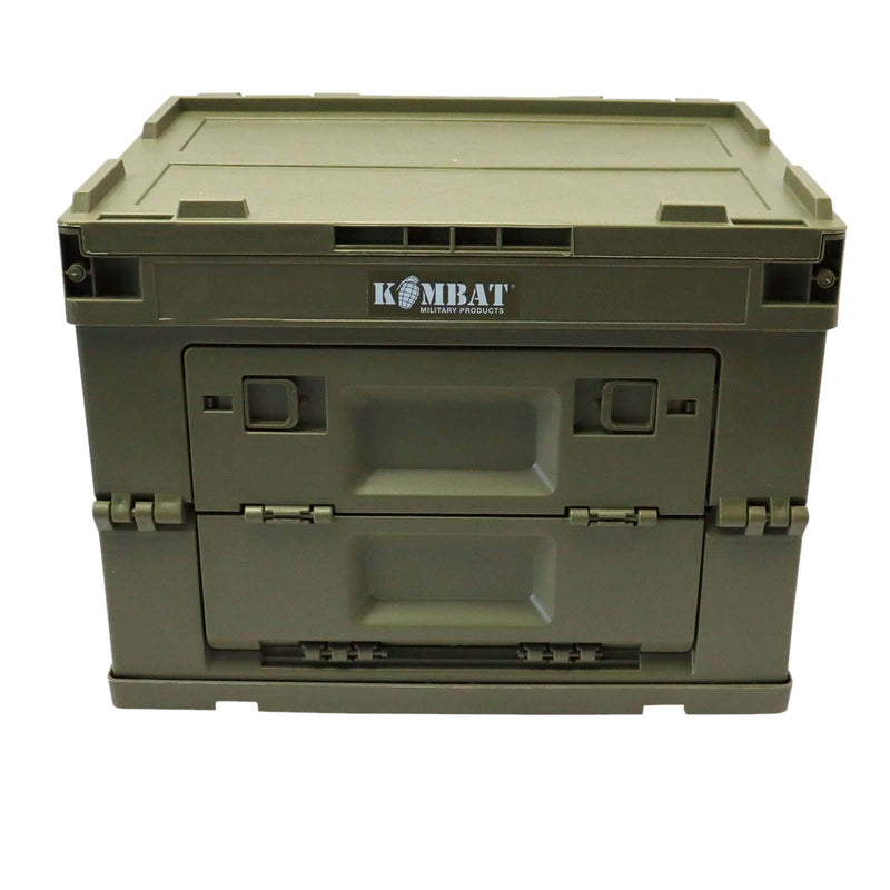 An olive green Kombat Military Products folding storage crate with a hinged lid and front handle compartments, shown on a plain white background.