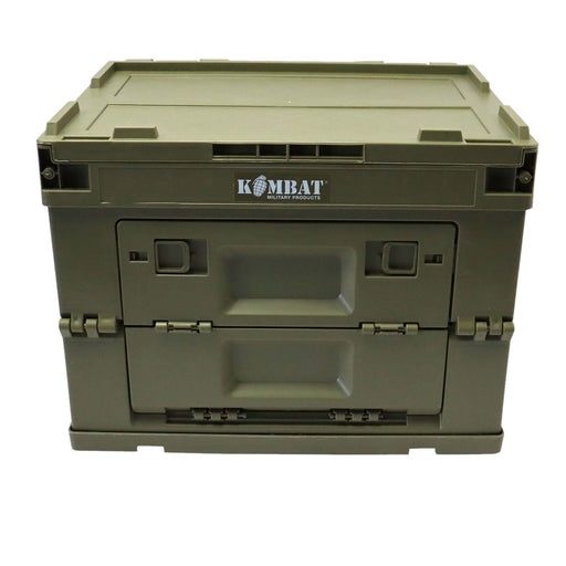 An olive green Kombat Military Products folding storage crate with a hinged lid and front handle compartments, shown on a plain white background.