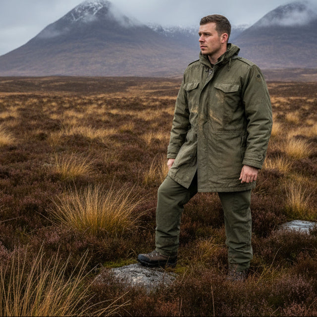 Man in a green jacket standing in a rugged landscape with mountains in the background