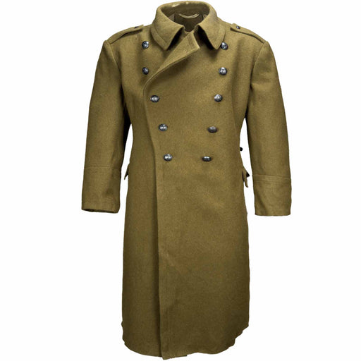 Romanian Army Vintage Wool Greatcoat Green trench coat with silver buttons on a white background