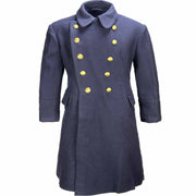 Romanian Navy Vintage Wool Greatcoat Navy blue coat with gold buttons on a white background