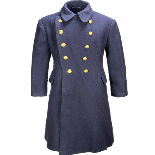 Romanian Navy Vintage Wool Greatcoat Navy blue coat with gold buttons on a white background
