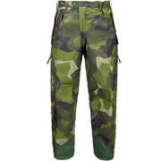 swedish M90 camouflage cargo pants in a green, brown, and black geometric pattern