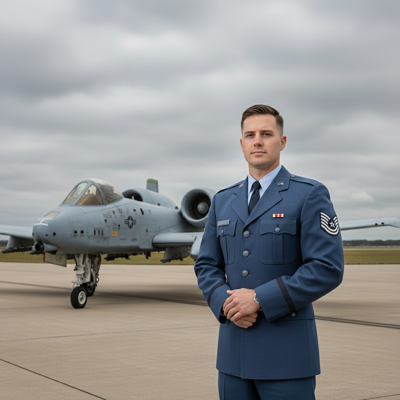 Man in military uniform standing in front of an airplane on a runway