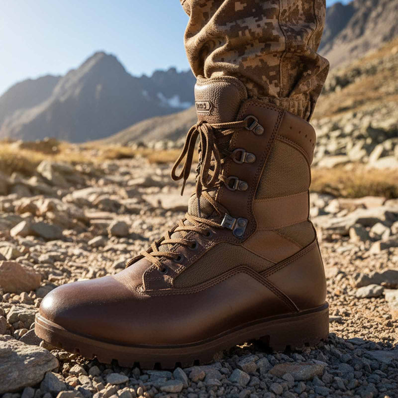 Brown leather boot on a rocky terrain with mountains in the background