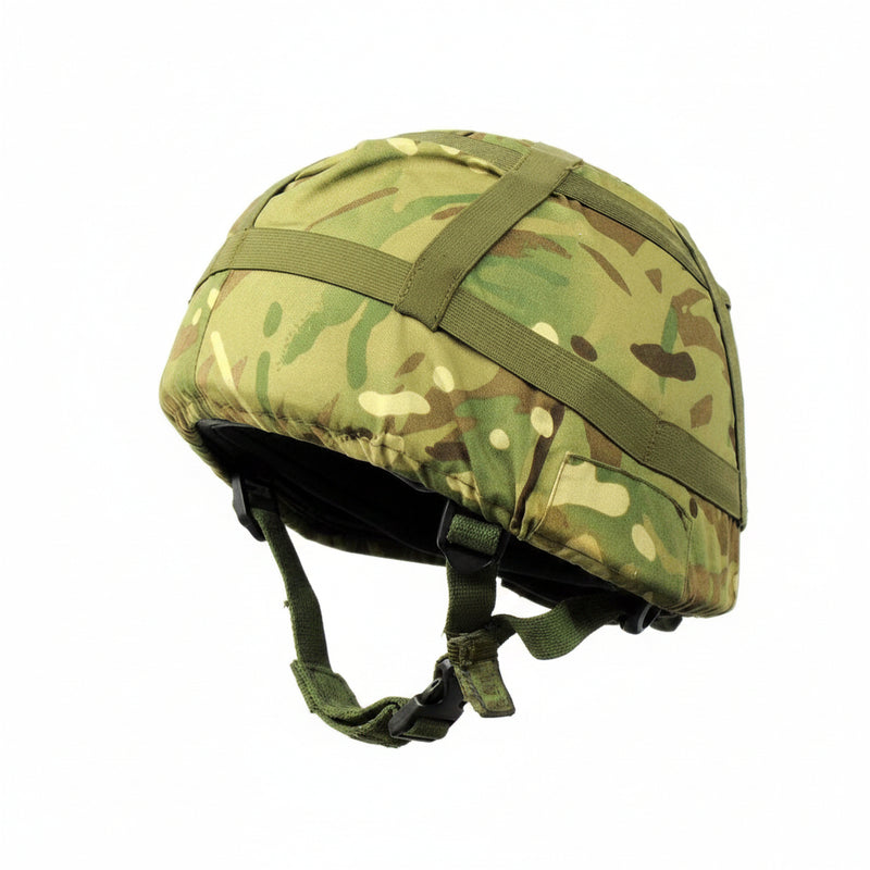 British Army MTP Camo Helmet Cover A woodland DPM camouflage cover for the MK6 and MK7 British Army ballistic kevlar helmets. Has elastic loops for foliage attachment and a drawstring on the back to provide a secure and tight fit. Sold as Used condition.